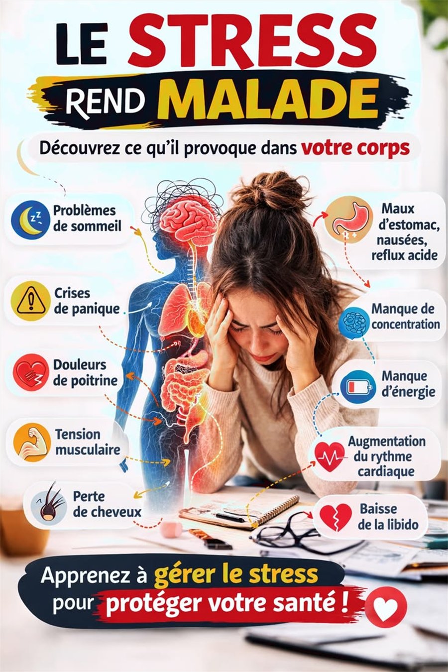 Infographie : ce que le stress provoque dans le corps, du sommeil à la concentration.