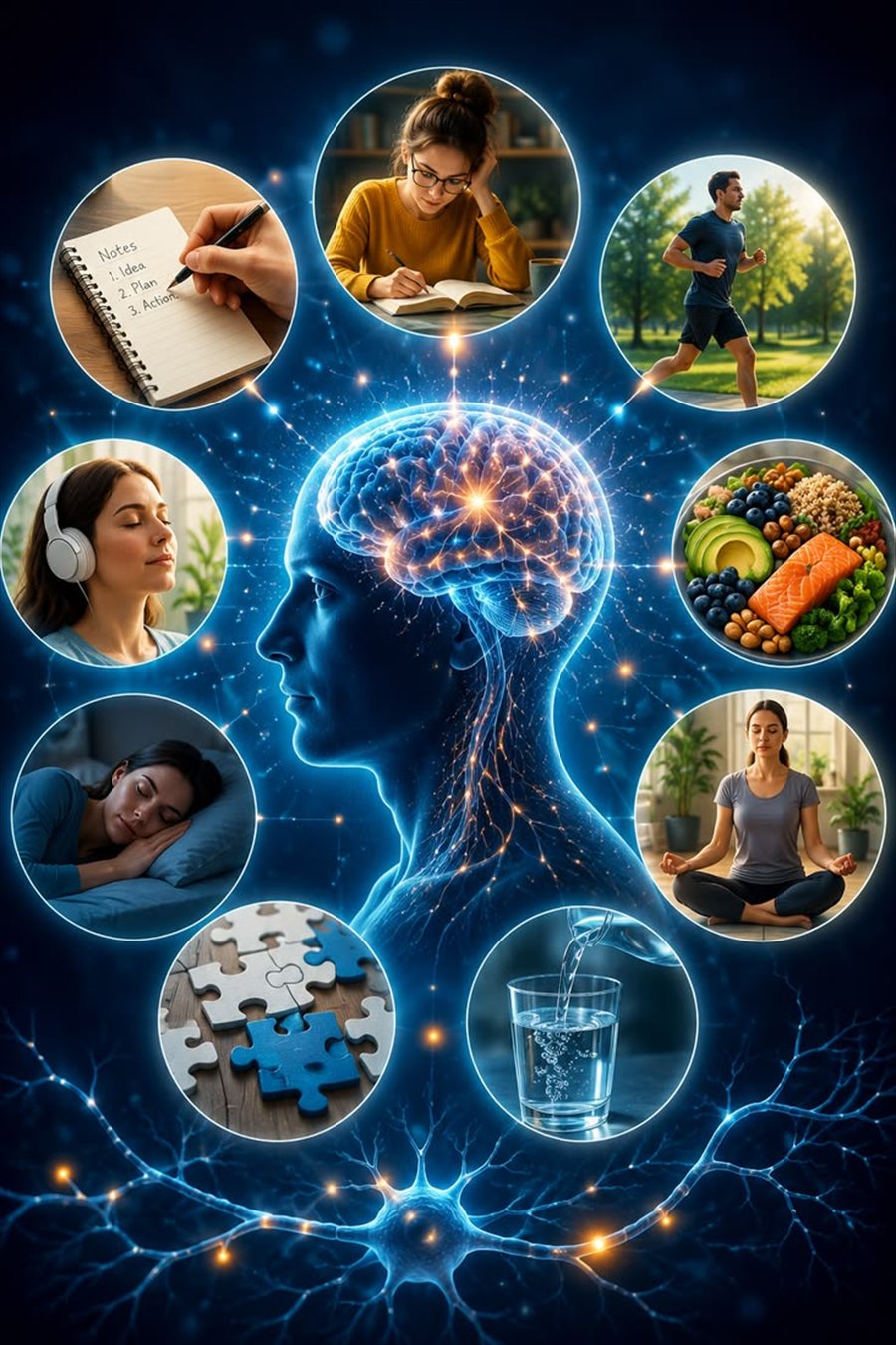 Infographie : les habitudes qui entretiennent la santé du cerveau — sommeil, alimentation, activité, repos.